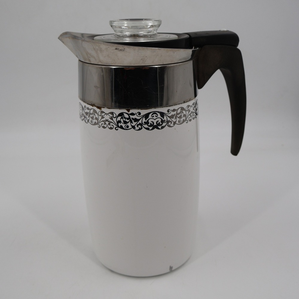 Corning Ware Percolator P-480-EP 10 Cup White Platinum Filigree Vintage Display